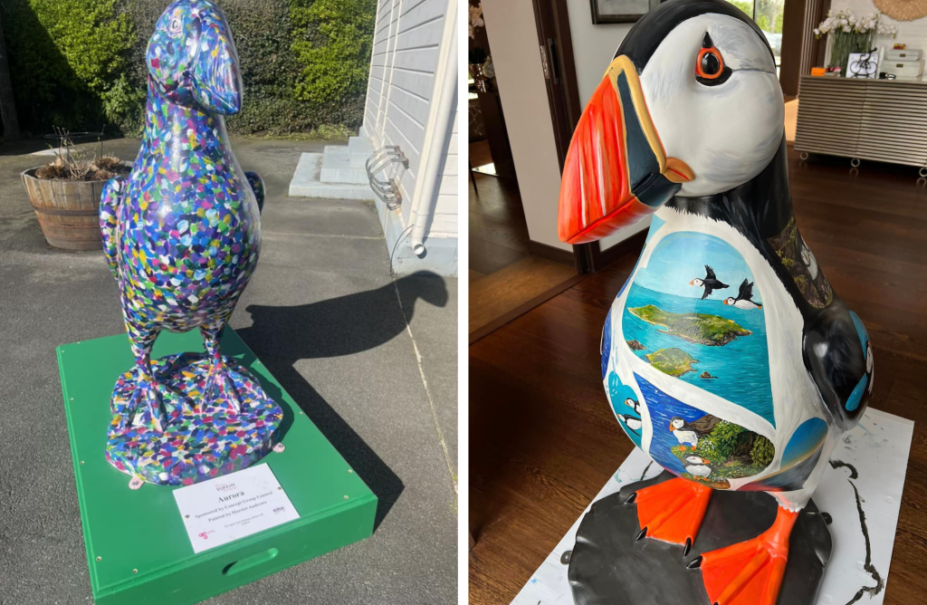 Two gigantic puffins sculptures. One of the puffin features a mosaic print theme. The other one showcases puffins flying over Guernsey's shoreline.